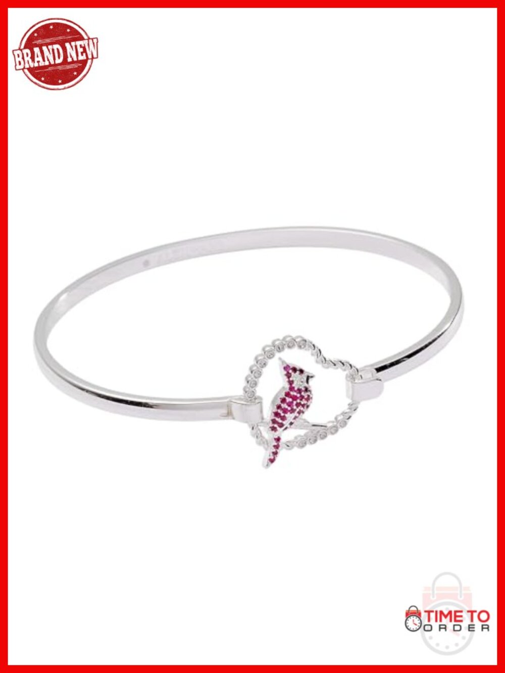 Enamel Charm Bangle Bracelet with Ruby Crystals, Silver Plated Brass, Symbolic